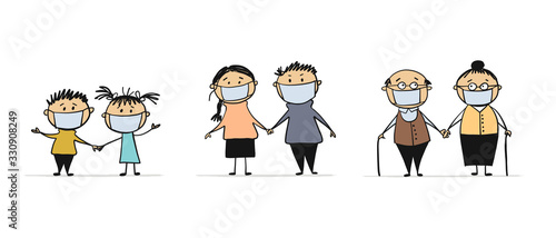 Family wearing protective Medical mask for prevent virus. Dad Mom Daughter Son wearing a surgical mask.