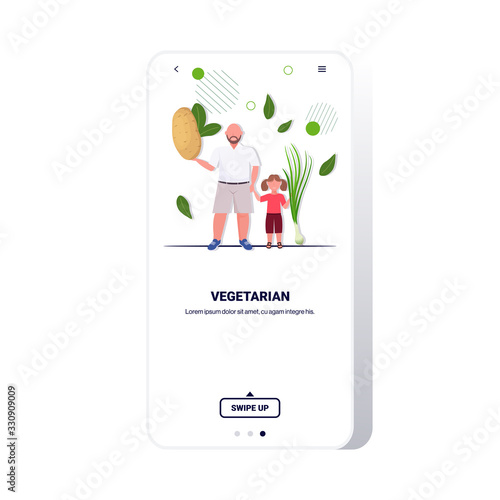 father with daughter holding potato onion vegetables healthy lifestyle vegan fresh raw food vegetarian concept smartphone screen mobile app copy space full length vector illustration
