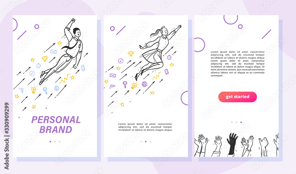 Personal brand design concept with businessman and woman fly up, business icon, victory cup, human hands applause. Mobile app landing page template interface, ui. Vector flat illustration.