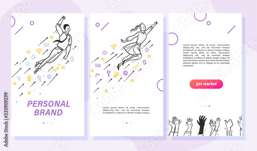 Personal brand design concept with businessman and woman fly up, business icon, victory cup, human hands applause. Mobile app landing page template interface, ui. Vector flat illustration.