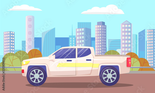 Fototapeta Naklejka Na Ścianę i Meble -  Van riding in distance of cityscape with contemporary architecture and skyscrapers. Car on road passing city center skyline. Townscape of town, van on highway by urban area. Vector in flat style