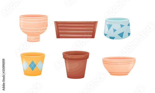 Ornamental Ceramic Flowerpots and Wooden Crate for Planting Vector Set