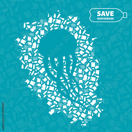 Stop ocean plastic pollution concept vector illustration. Jellyfish marine animal silhouette cut in plastic trash flat icon spot. Prevent ocean pollution ecology concept, sustainable lifestyle graphic