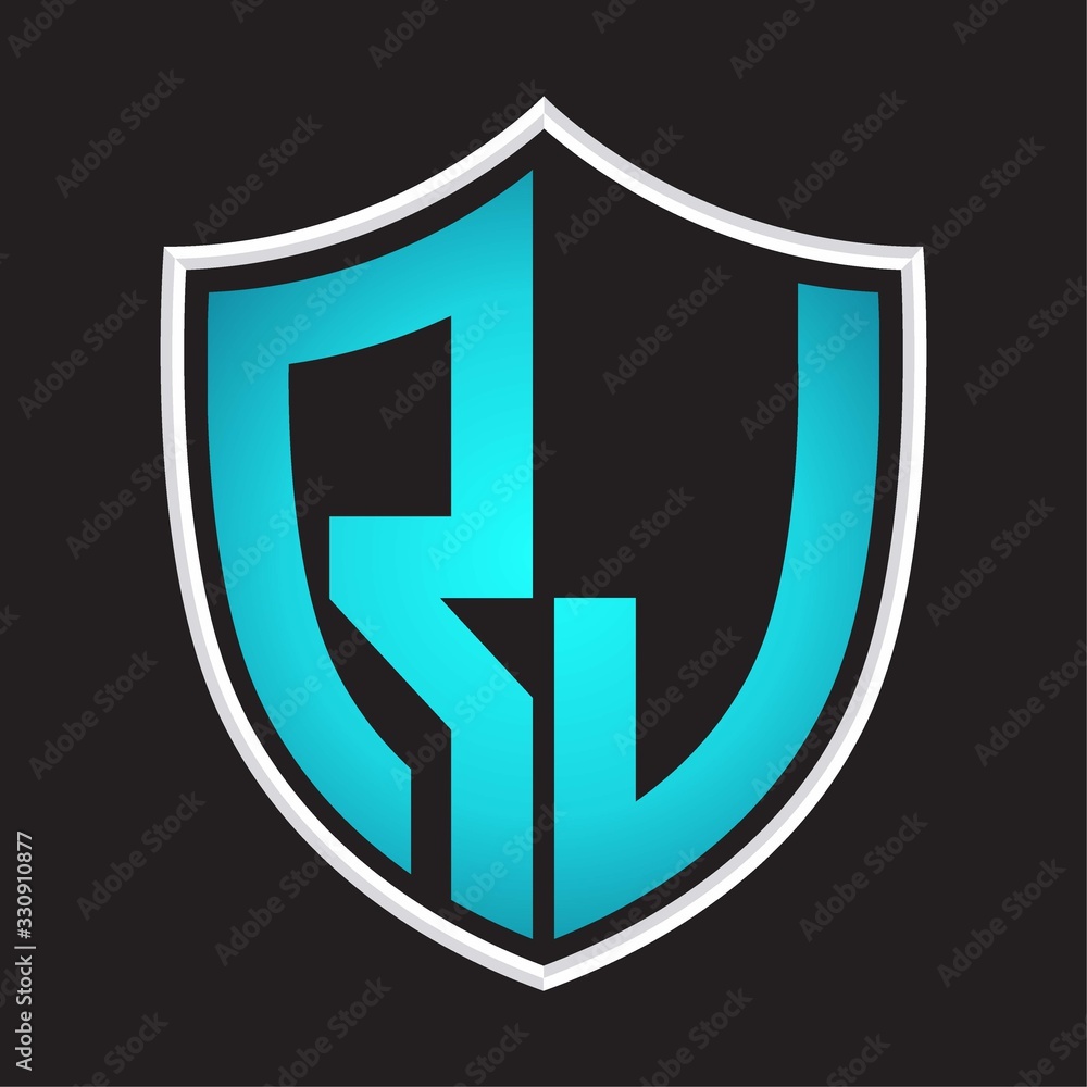 RJ Logo monogram with shield shape isolated blue colors on outline design template RJ Logo monogram with shield shape isolated blue colors on outline design template
