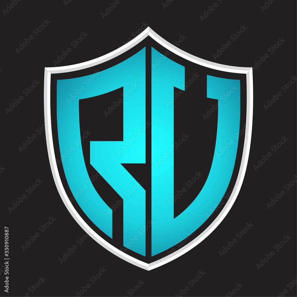 RU Logo monogram with shield shape isolated blue colors on outline design template RU Logo monogram with shield shape isolated blue colors on outline design template