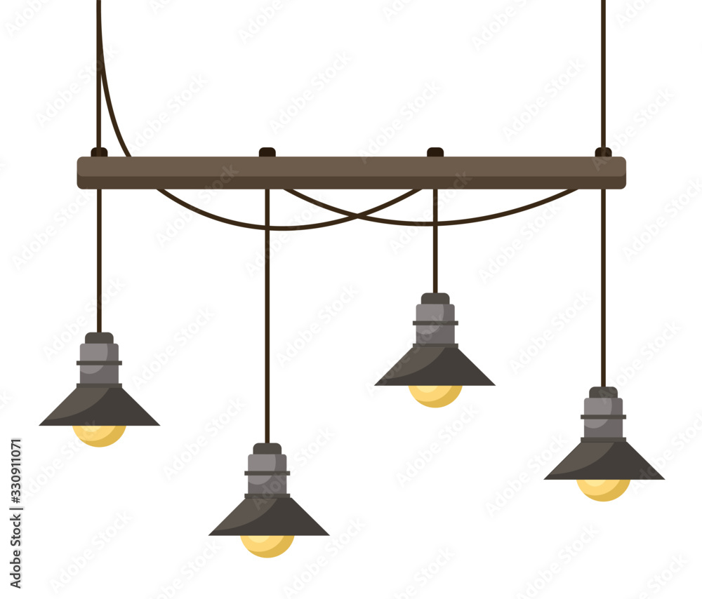 Simple chandelier with wooden balk and four light bulbs. Light fixture