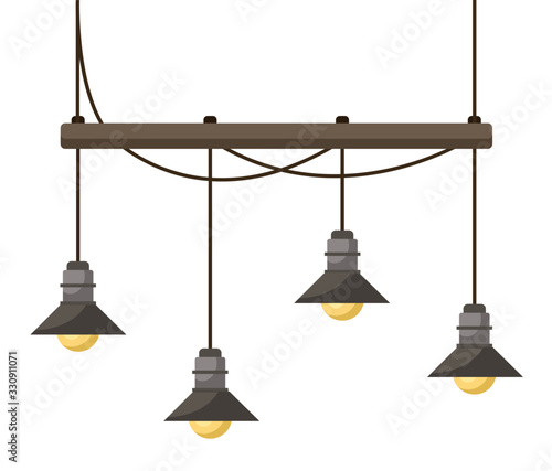 Simple chandelier with wooden balk and four light bulbs. Light fixture mounted on ceiling using rope. Basic furniture needed to illuminate room when it dark. Vector illustration in flat style