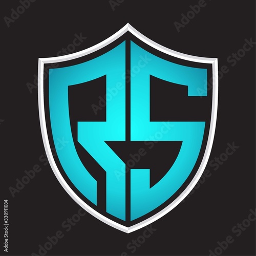 RS Logo monogram with shield shape isolated blue colors on outline design template