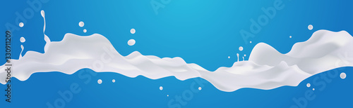 Plakat white liquid splash realistic drops and splashes on blue background fruits juice splashing concept horizontal vector illustration