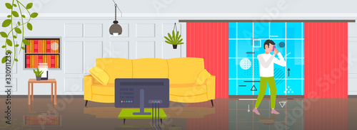 man using spray inhaler to stop asthma attack symptoms affecting breath and lungs bronchial disease concept modern living room interior horizontal full length vector illustration