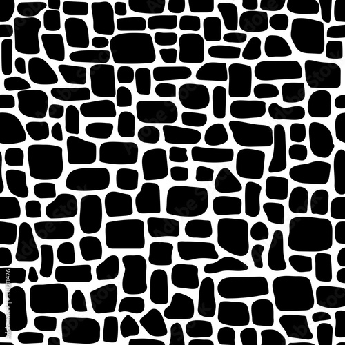 paving stones. abstract vector shapes. haotic mosaic tiles. seamless pattern. simple black and white repetitive background. textile design element. fabric swatch. wrapping paper. continuous print