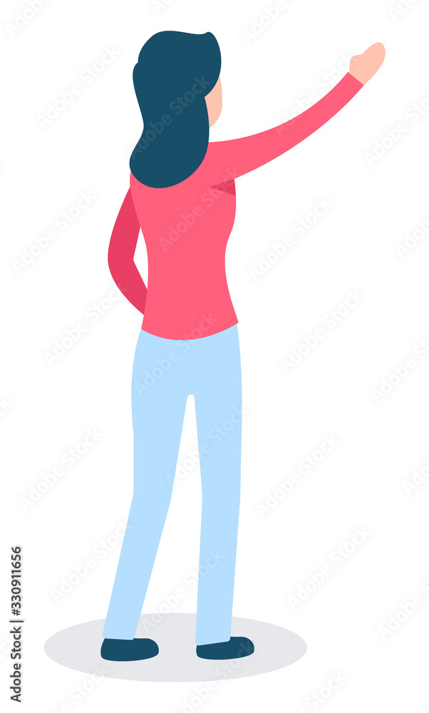 Brunette adult woman standing straight on floor. Person raised her one hand up. Lady dressed in blue pants and pink blouse with black hairs. Human isolated on white background. Vector illustration Brunette adult woman standing straight on floor. Person raised her one hand up. Lady dressed in blue pants and pink blouse with black hairs. Human isolated on white background. Vector illustration