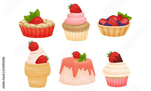 Delicious Cakes and Desserts with Berry and Whipped Cream Toppings Vector Set