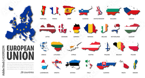 European union . EU . Set of flat design country map and national flag of member with shadow . White isolated background . Vector .