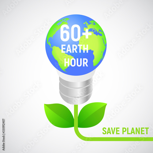 Banner on the theme of environmental campaign Earth Hour. Saving the planet. The globe in the form of a light bulb and plants with leaves on a light background.