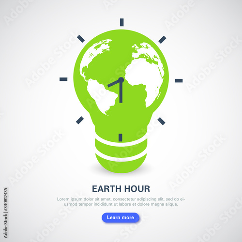 Earth Hour banner. Saving the planet, environmental action. The globe in the form of a light bulb and a clock with an arrow on a light background.