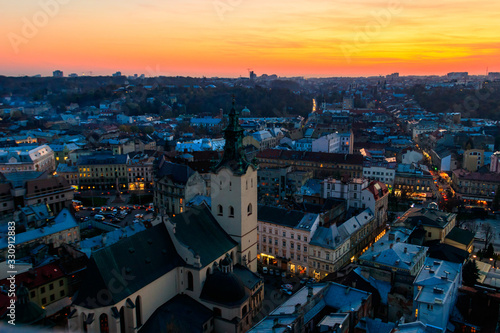 Aerial view of Latin cathedral and Rynok square in Lviv, Ukraine at sunset. View from Lviv town hall
