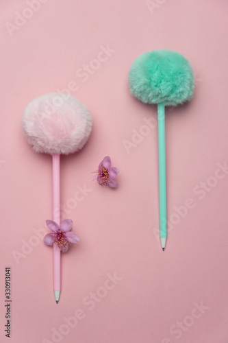 two pastel pink blue fluffy cute pen with nature flower for writing background