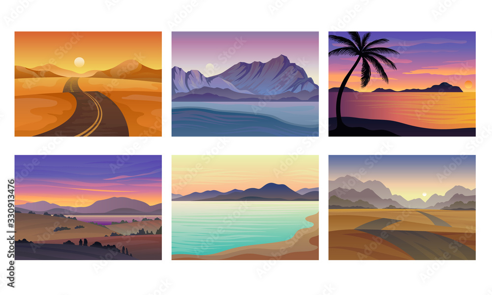 Sunset Landscapes and Scenes with Mountains and Seaside Vector Set