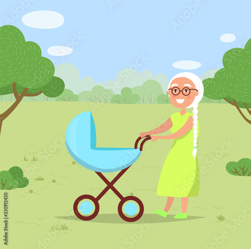 Grandmother with grandchild in baby buggy in park or forest have walk. Blue pram with plastic wheels. Happy person outdoor. Vector illustration in flat style