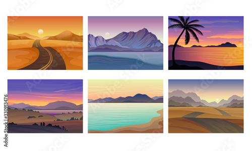 Sunset Landscapes and Scenes with Mountains and Seaside Vector Set