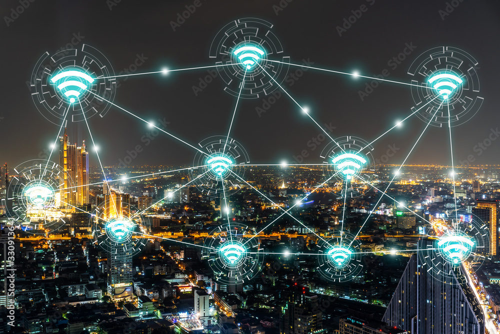Beautiful panorama cityscape with wifi network and connection technology concept, internet globalization concept