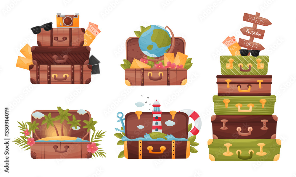 Travelling Trunks with Palm Trees and Lighthouse Inside Vector Set