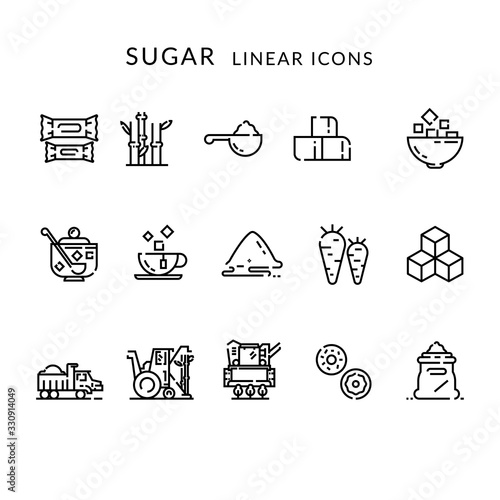 Sugar production, growing and processing. Linear icons