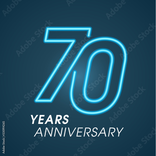 70 years anniversary vector logo, icon. Graphic design element with neon number