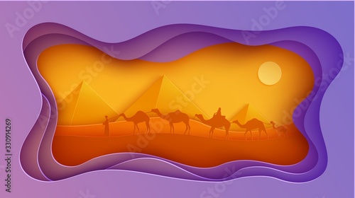 Traditional caravan walking throw egyptian desert in papercut style. Cutout wavy craft frame with panorama pyramid wildlife. Vector abstract paper cut sunset with riding camel people. Wild life desert