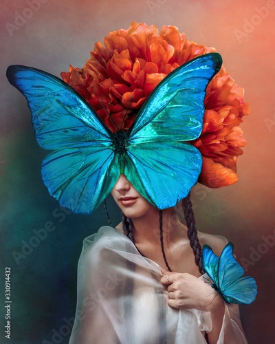 Surreal portrait of a woman with butterflies and peony flower. Interior photo art in art deco style. Beautiful surrealistic art picture with blue, orange, green color. Mixed media.