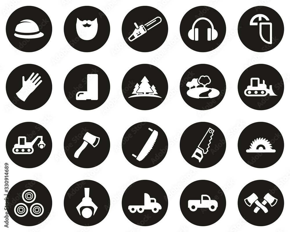 Lumberjack Or Logger Icons White On Black Flat Design Circle Set Big Lumberjack Or Logger Icons White On Black Flat Design Circle Set Big