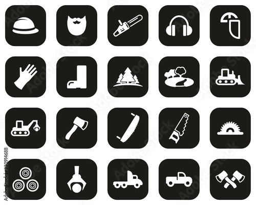 Lumberjack Or Logger Icons White On Black Flat Design Set Big