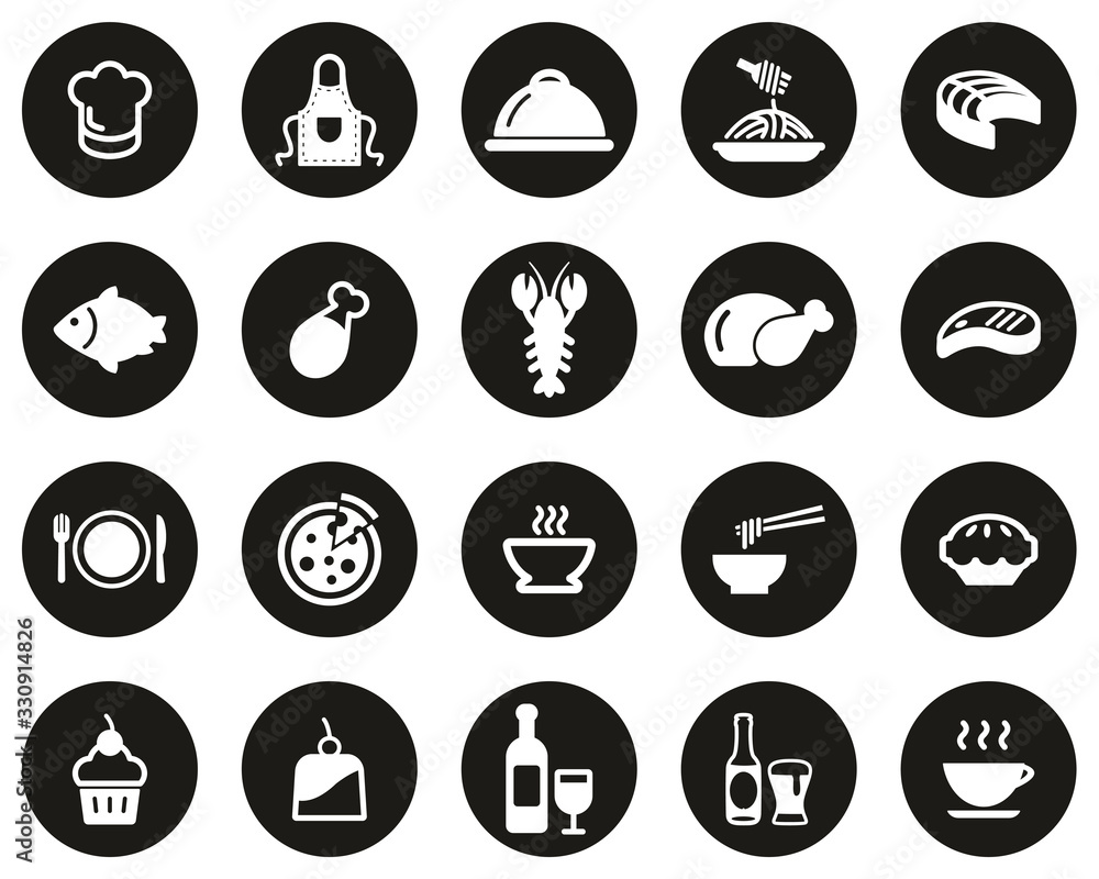 Lunch Or Restaurant Lunch Icons White On Black Flat Design Circle Set Big