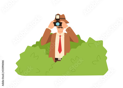 Professional male private detective hiding in bushes making photo vector flat illustration