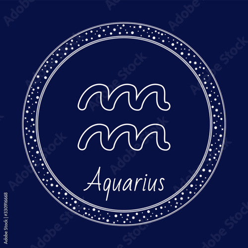 Aquarius astrology zodiac sign isolated on blue in circle with stars. Vector prediction of fortune, astrological outline sign. Aquarius constellation on dark sky background, horoscope symbol