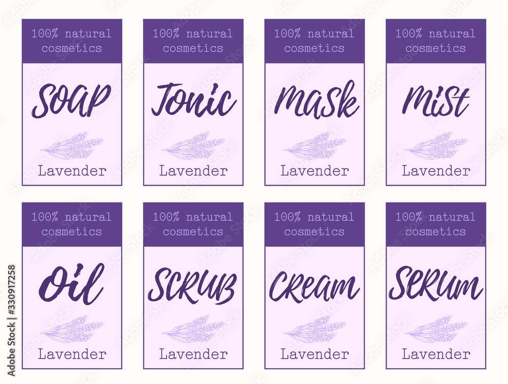 Set of labels for lavender cosmetics packaging design. Organic cosmetics and natural care.