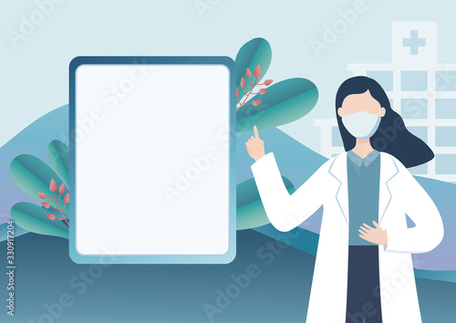 Doctor points to blank white board on hospital building background. Medical illustration.