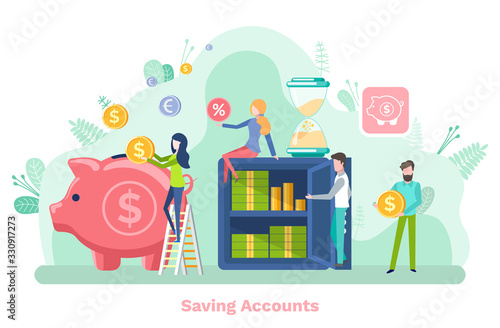 Saving accounts vector, people with money in strongbox. Pig for collecting coins and financial assets. Hour glass bank paying deposit presents flat style