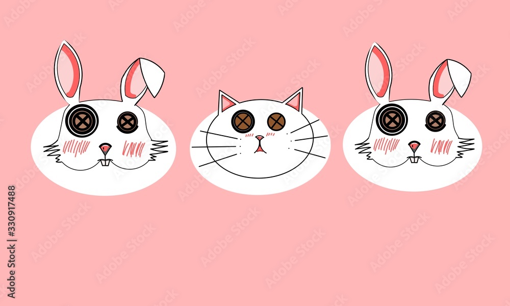 White cat and rabbit cartoon with cute faces and sweet pink background.