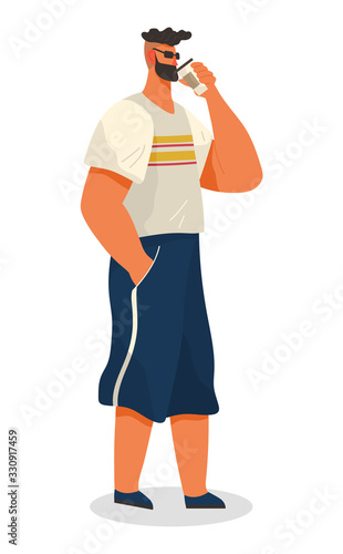 Man character wearing casual clothes and sunglasses drinking cappuccino. Male holding plastic cup of beverage. Person standing with disposable tableware of espresso element of coffeehouse vector
