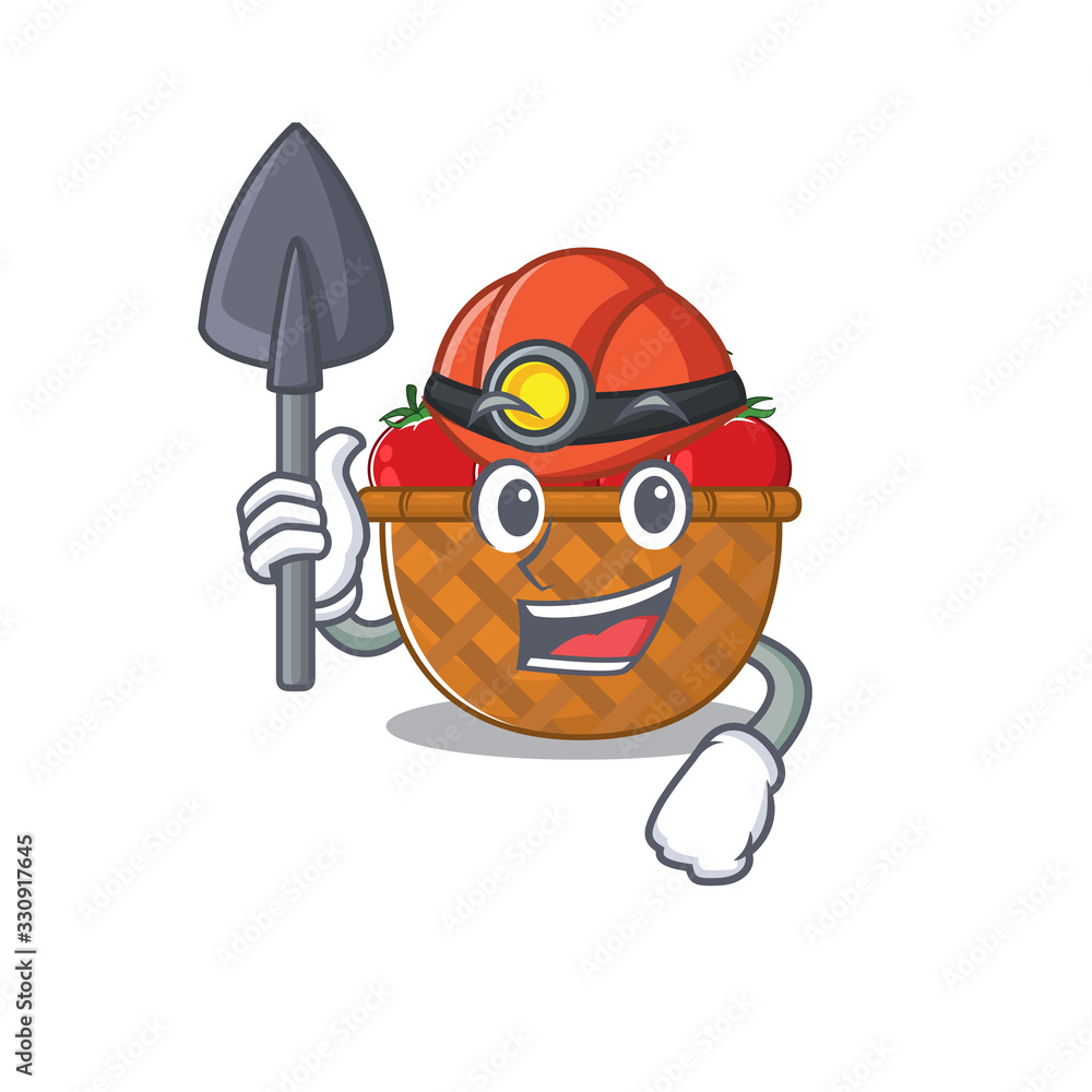 Cool miner worker of tomato basket cartoon character design
