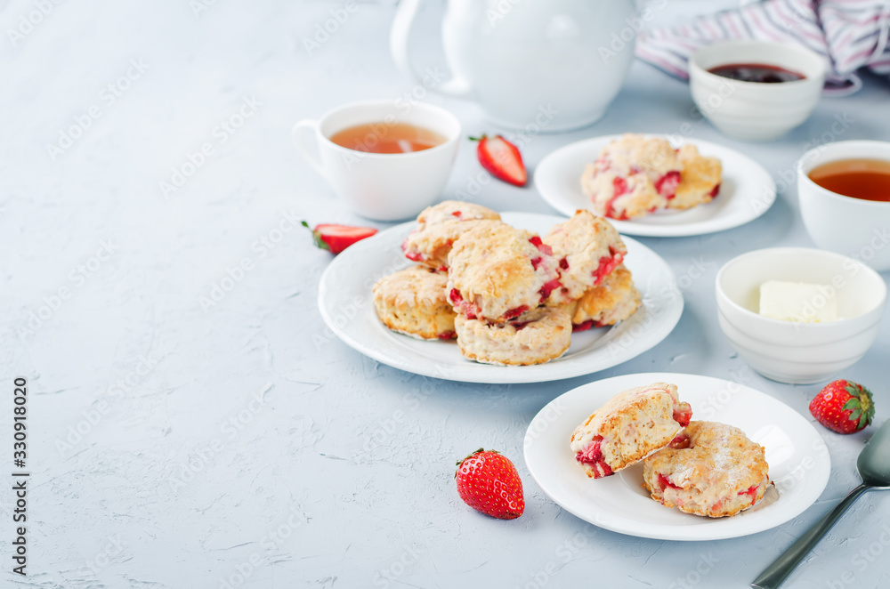 Strawberry scones with jam and butter Strawberry scones with jam and butter
