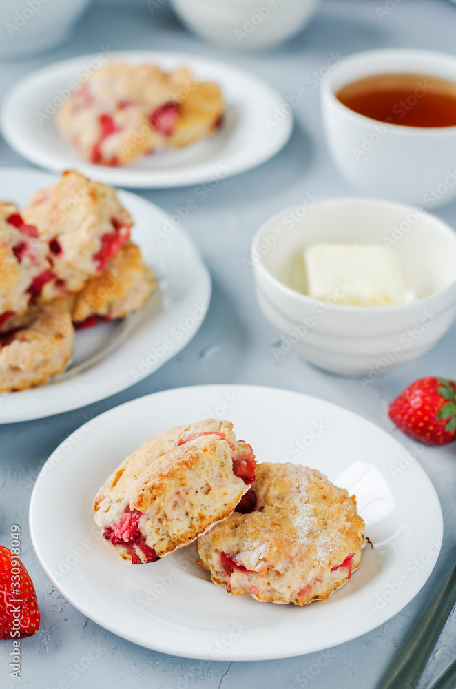 Strawberry scones with jam and butter Strawberry scones with jam and butter