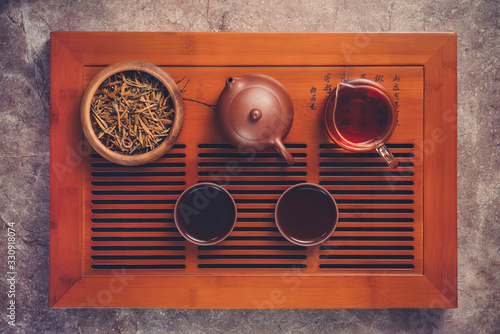 Top view - chinese tea ceremony with teaware photo