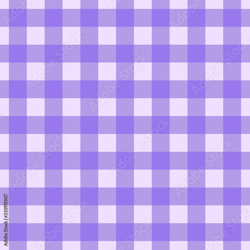 Vector gingham striped checkered blanket tablecloth. Seamless white purple table cloth napkin pattern background with natural textile texture. Country fabric material for breakfast or dinner picnic