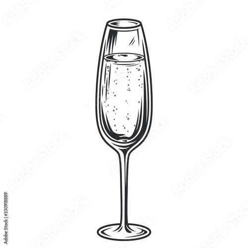 Glass of champagne with bubbles monochrome vector