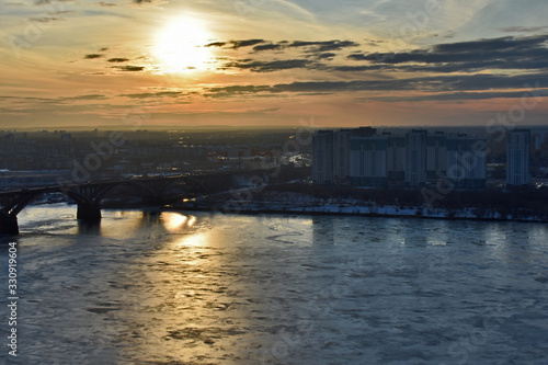 panorama of the city of Nizhny Novgorod. sunset over the bridge and the Oka river