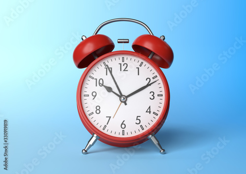 Red vintage alarm clock on bright blue background in pastel colors. Minimal creative concept. Front side. 3d rendering illustration