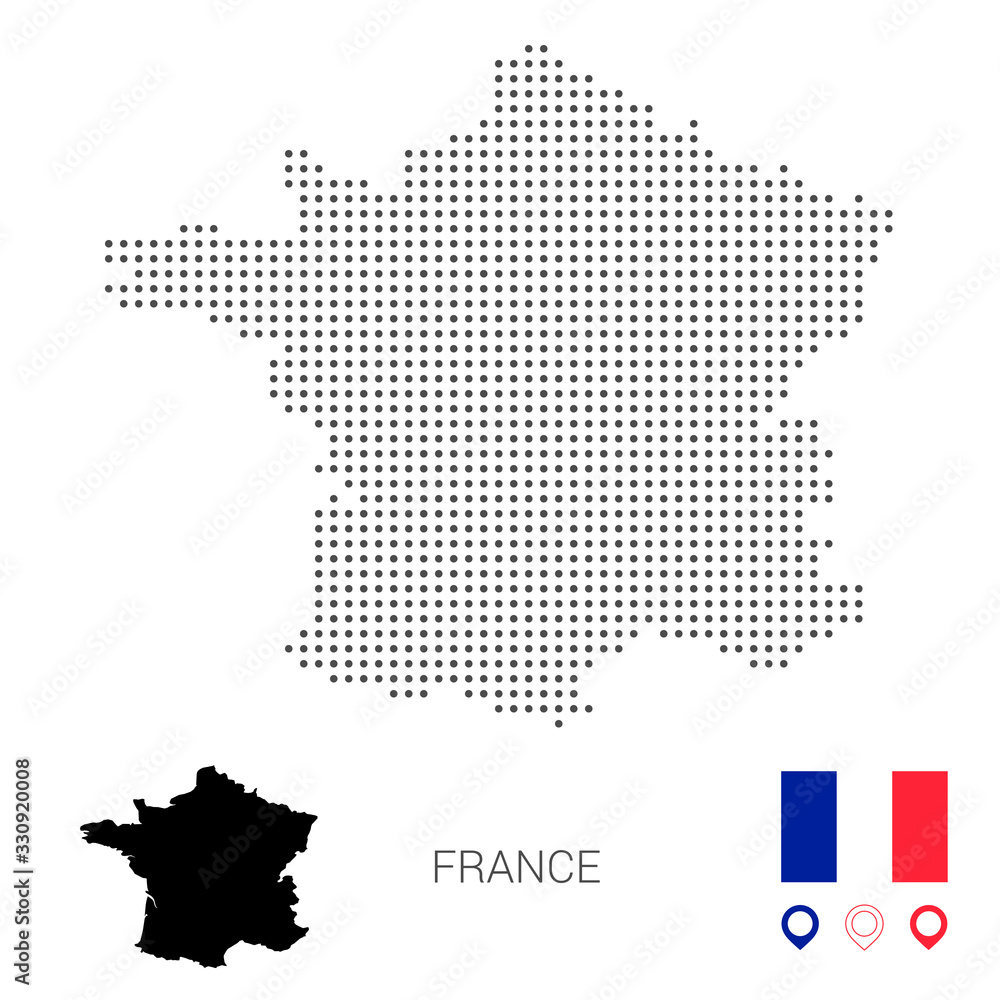 Dotted vector map of France. Round gray spots. France map with national flag and map icons